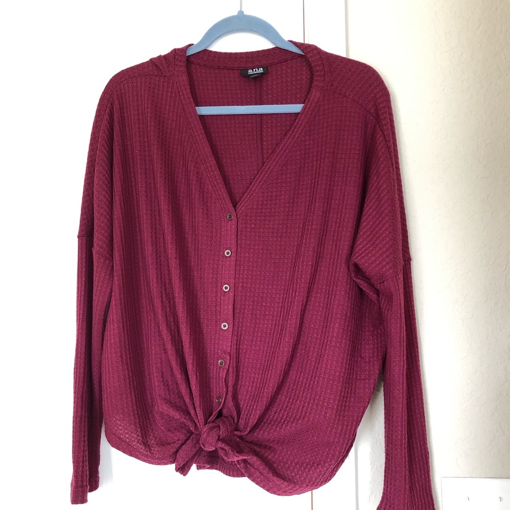 Ana Tie Front Waffle Knit Top Sz LG